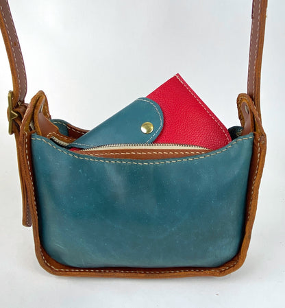 Lily 8 Compact Shoulder Bag Hand Stitched in Teal Blue and Tan 2