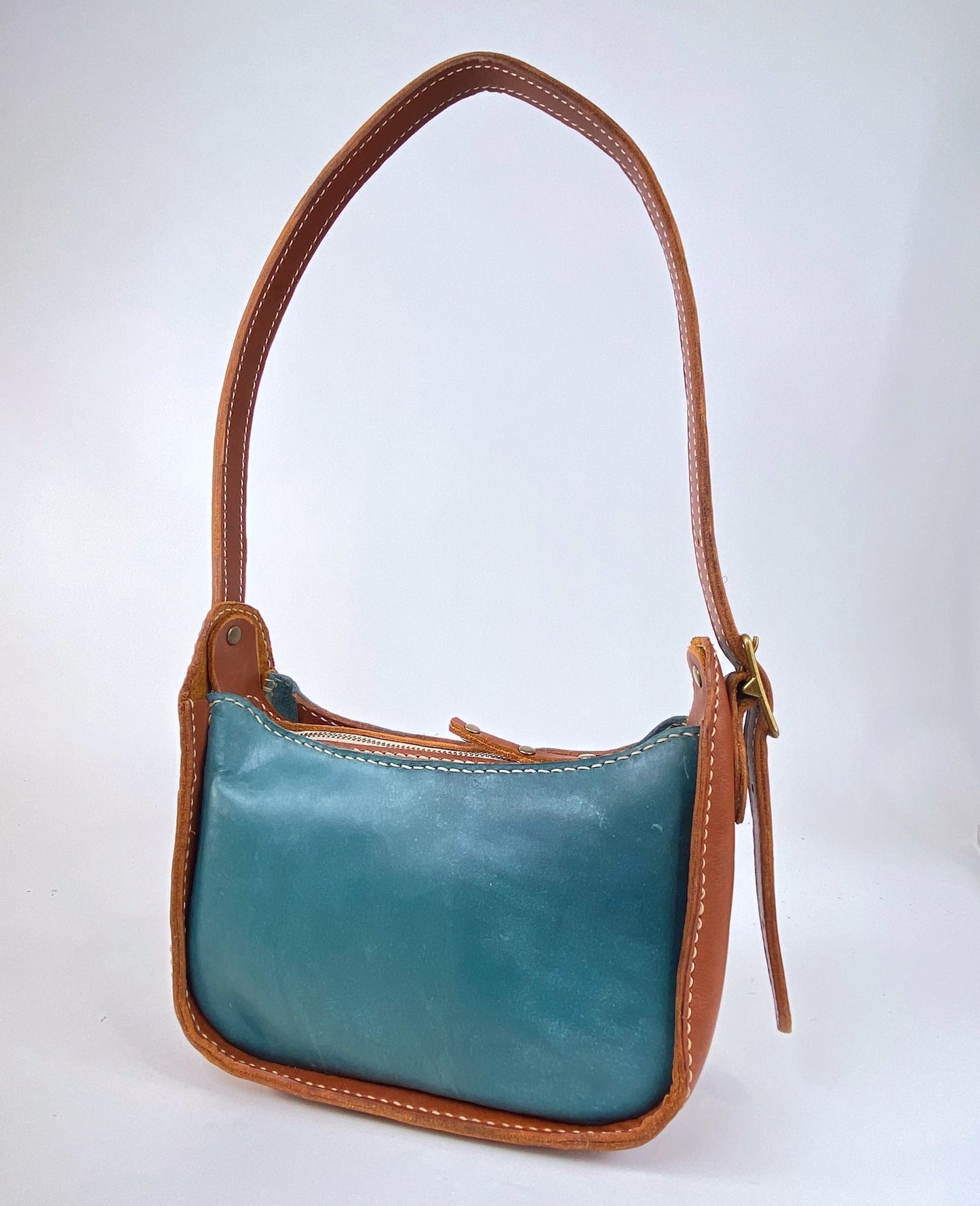 Lily 8 Compact Shoulder Bag Hand Stitched in Teal Blue and Tan 2