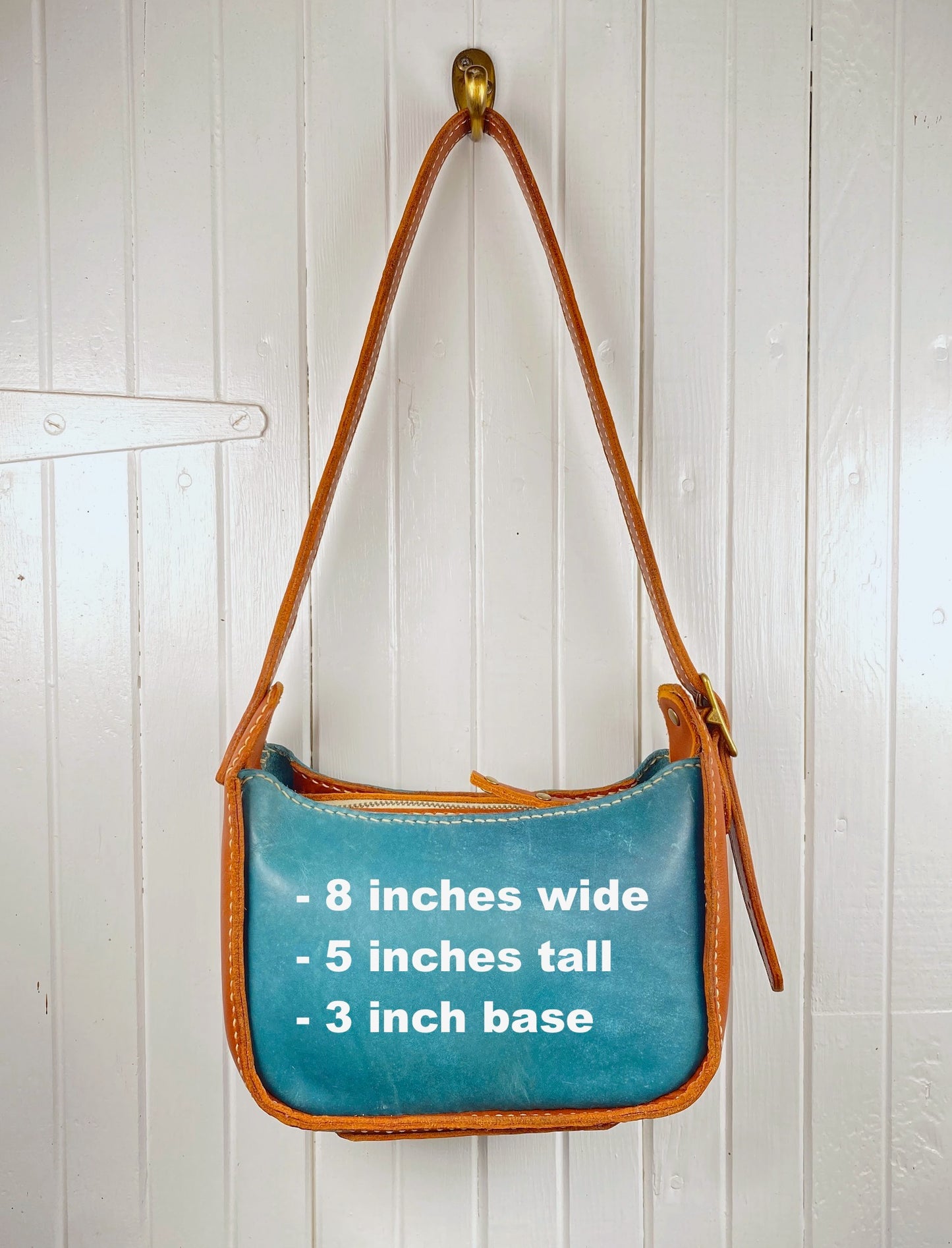 Lily 8 Compact Shoulder Bag Hand Stitched in Teal Blue and Tan 2