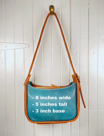 Lily 8 Compact Shoulder Bag Hand Stitched in Teal Blue and Tan 2