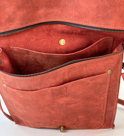 Leather Satchel Purse Hand Stitched in Denim Red