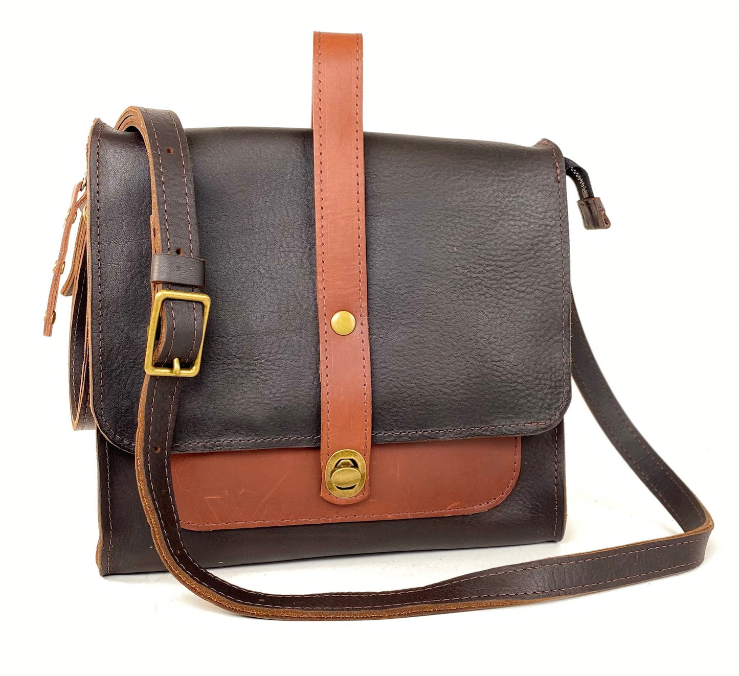 Leather Satchel Purse Two-Tone in Tan and Havana Brown