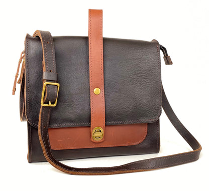Leather Satchel Purse Two-Tone in Tan and Havana Brown