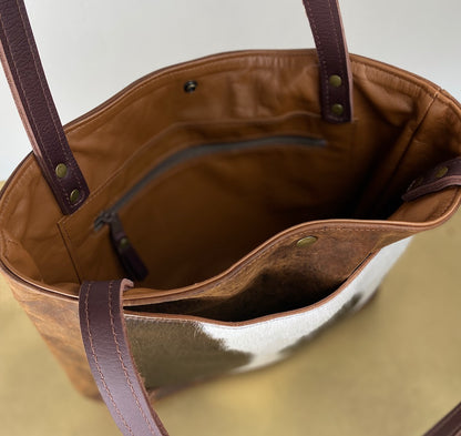Brown Leather Tote Bag with Hair-on Cowhide