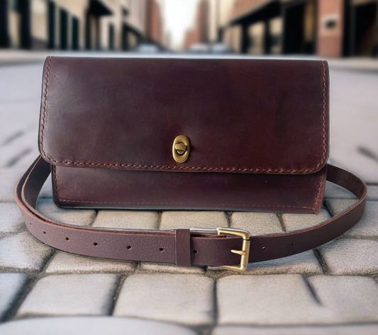 Dark Brown Oiled Leather Crossbody Bag; hand-stitched