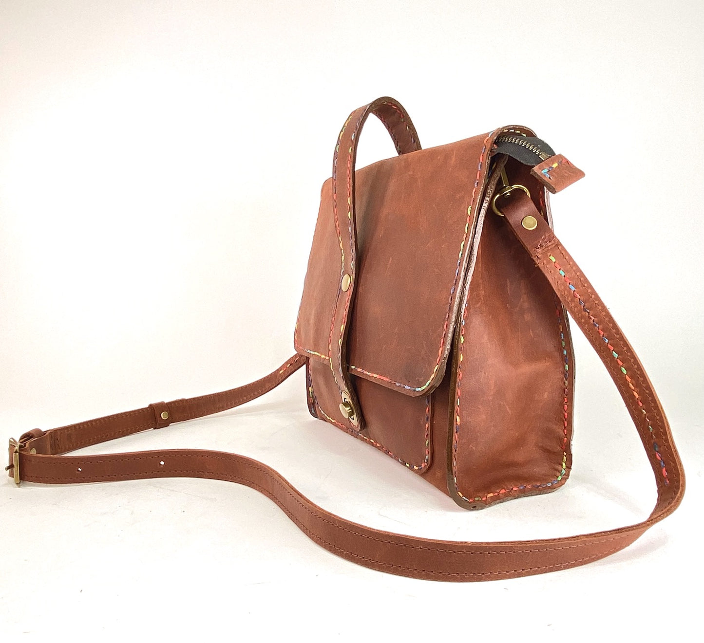 Leather Satchel Hand Stitched in Rich Cognac with Beeswax Corded Thread