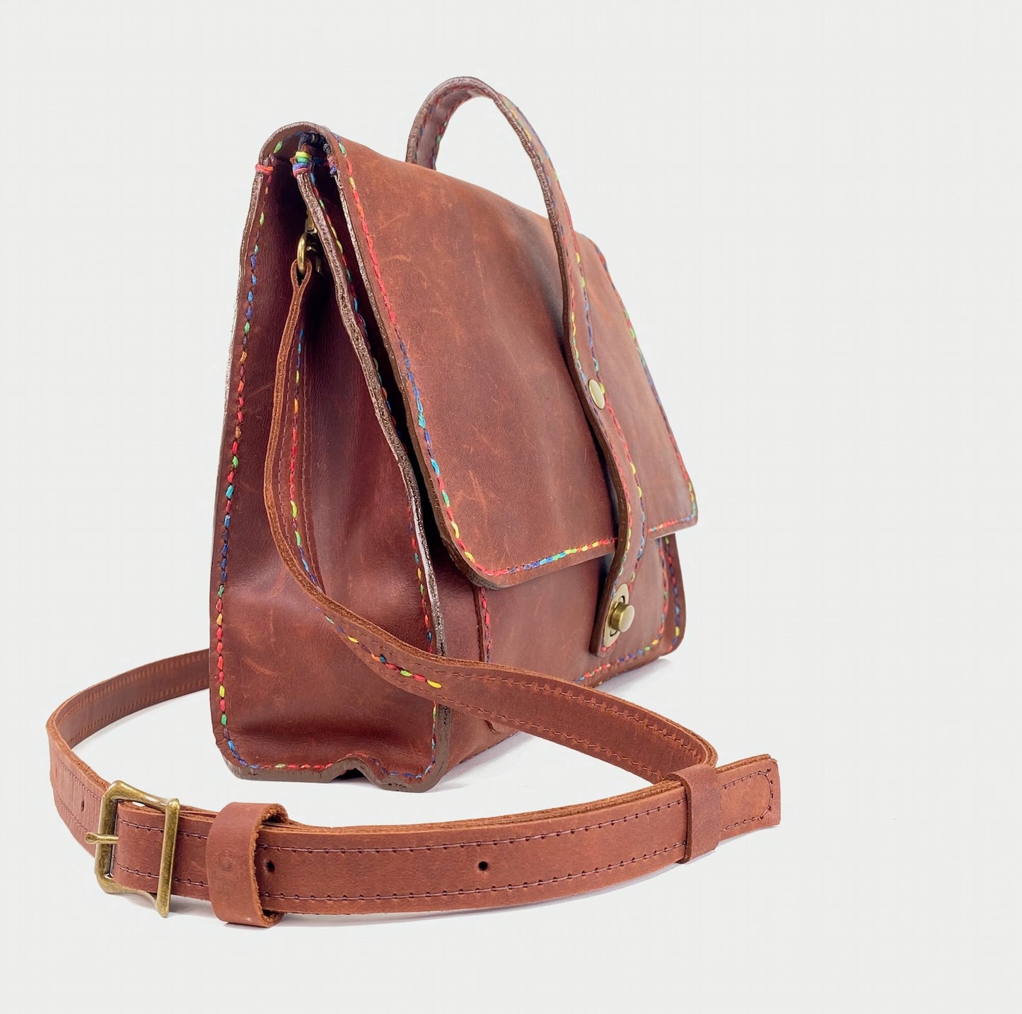 Leather Satchel Hand Stitched in Rich Cognac with Beeswax Corded Thread