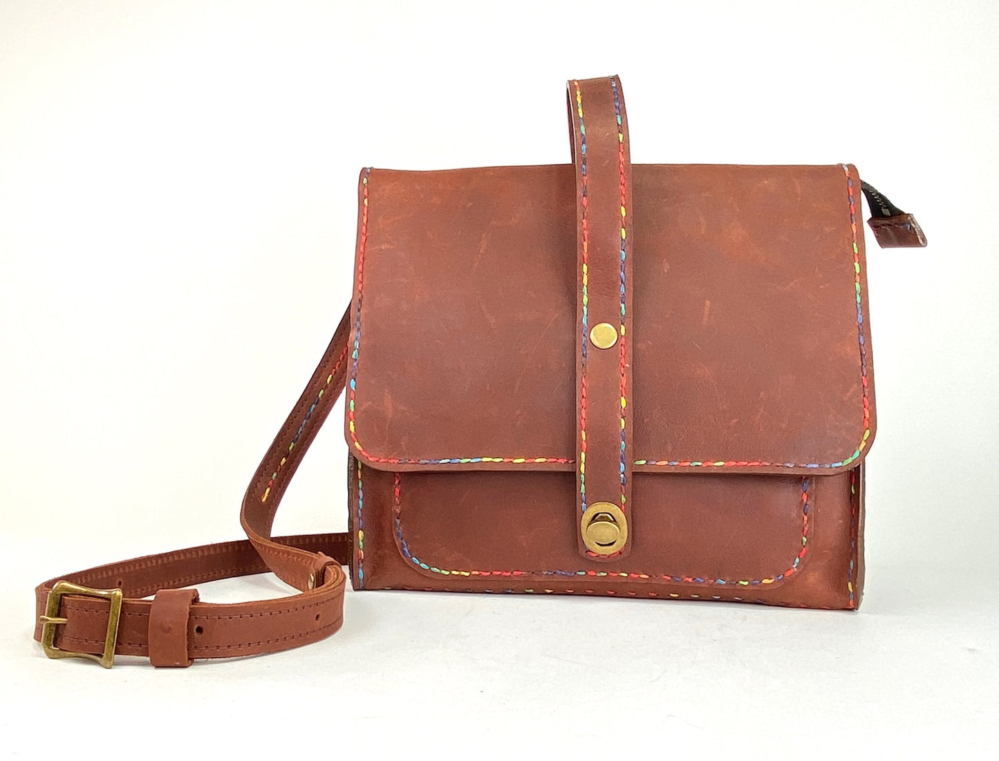 Leather Satchel Hand Stitched in Rich Cognac with Beeswax Corded Thread