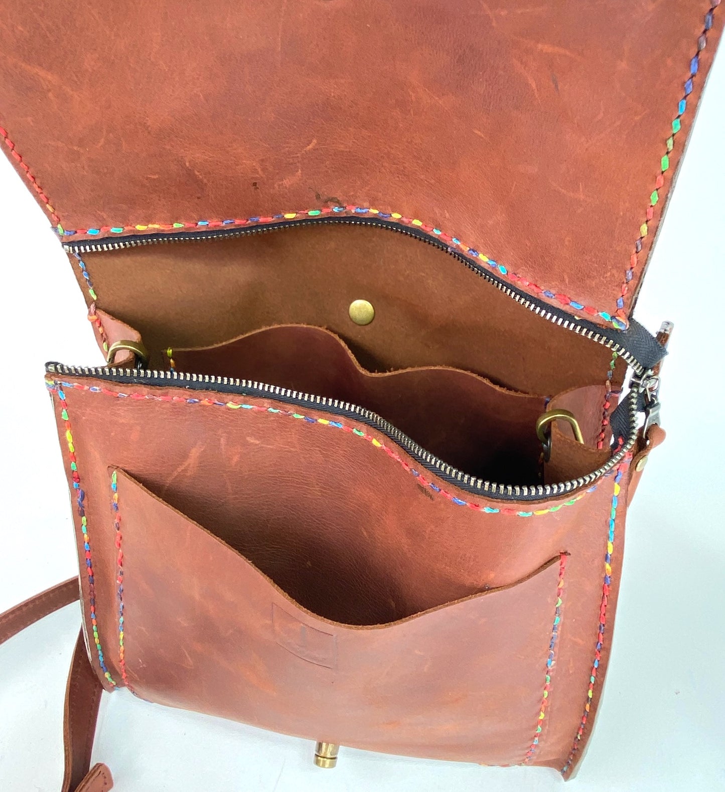 Leather Satchel Hand Stitched in Rich Cognac with Beeswax Corded Thread