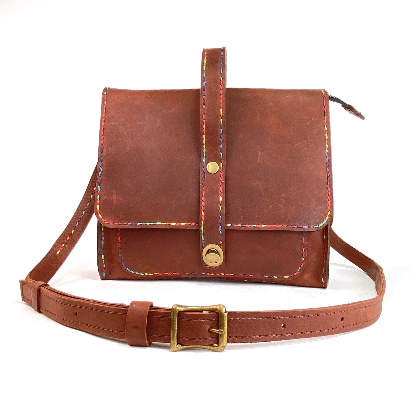 Leather Satchel Hand Stitched in Rich Cognac with Beeswax Corded Thread