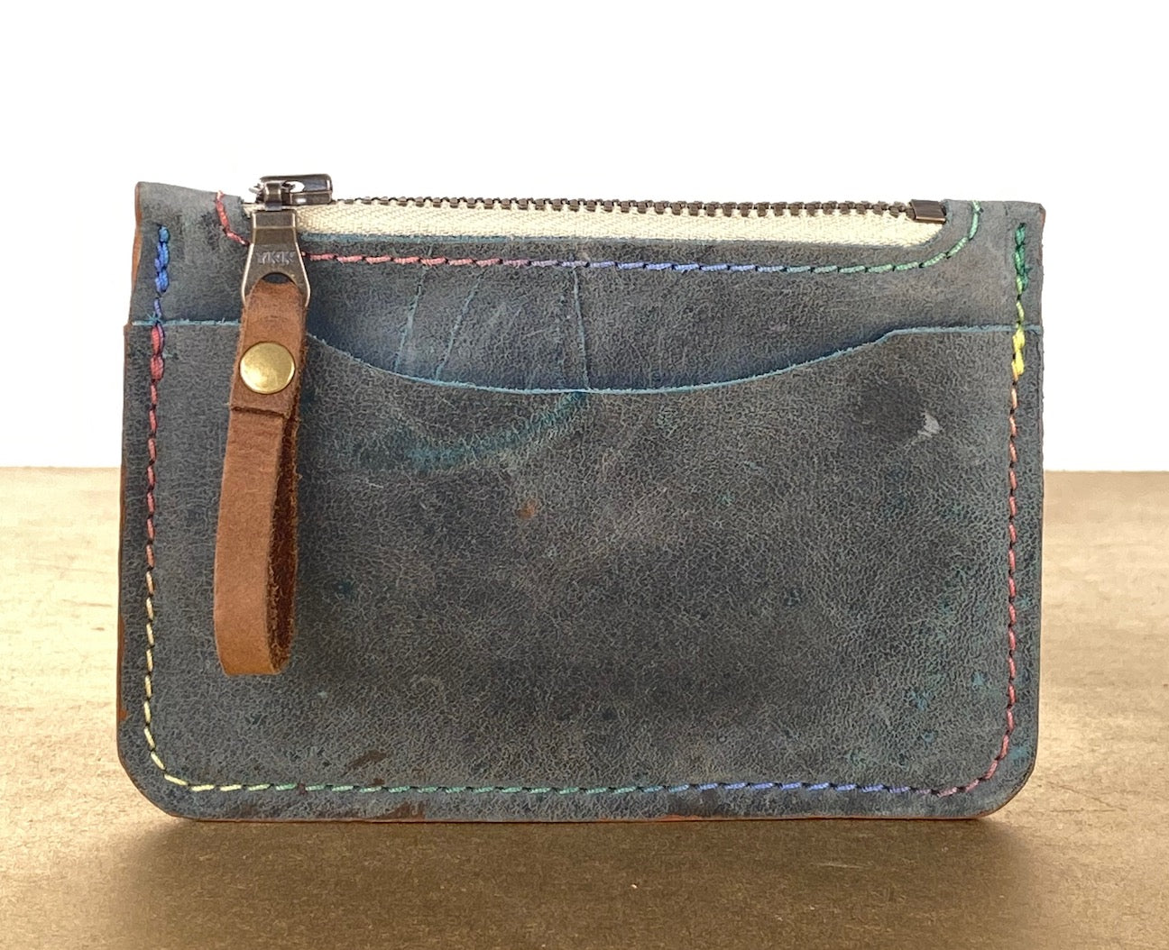 Denim Blue Leather Card & Coin Wallet with Variegated Thread Detail