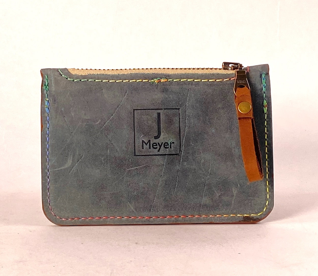 Denim Blue Leather Card & Coin Wallet with Variegated Thread Detail