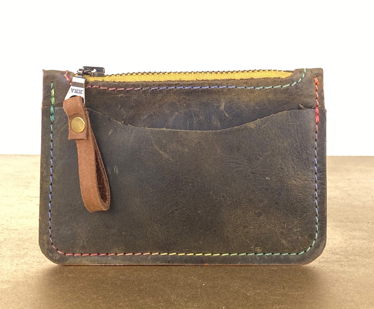 Green Leather Card & Coin Wallet with Variegated Thread Detail