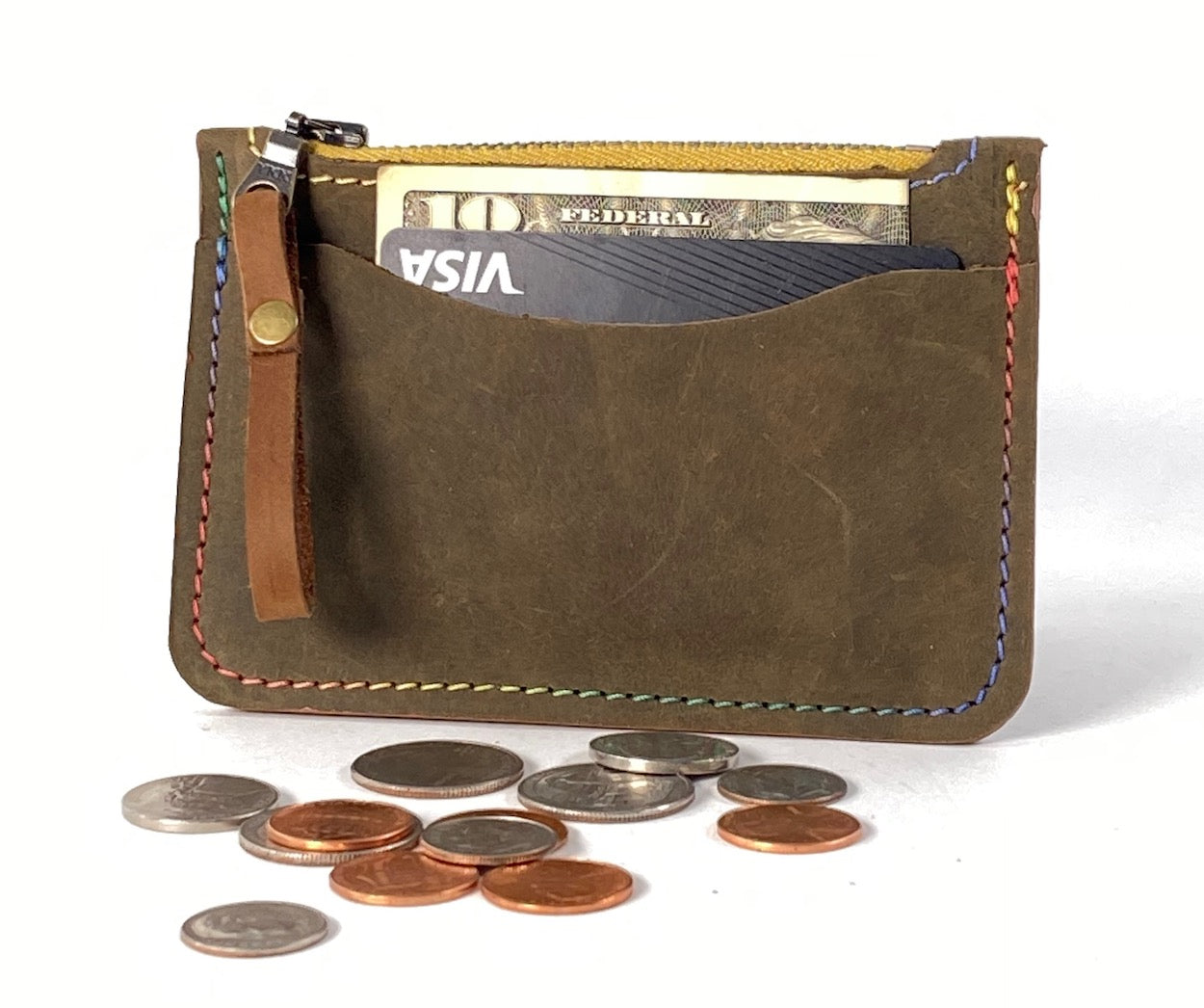 Green Leather Card & Coin Wallet with Variegated Thread Detail