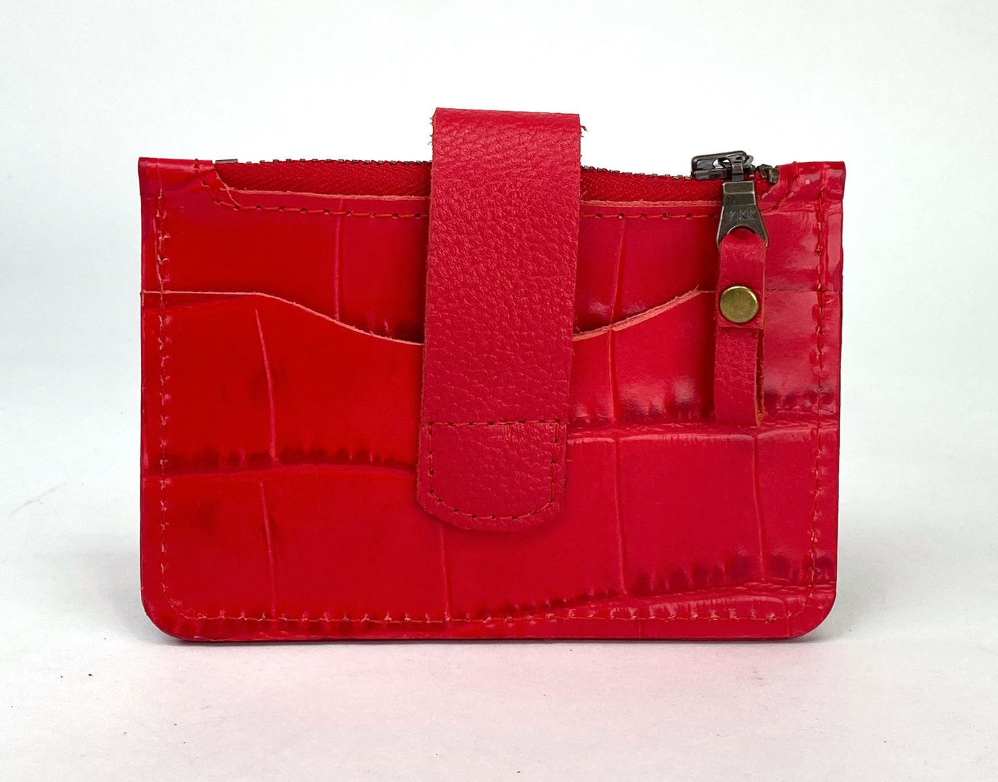 Red Croc Embossed Leather Minimalist Snap Wallet