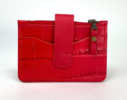 Red Croc Embossed Leather Minimalist Snap Wallet