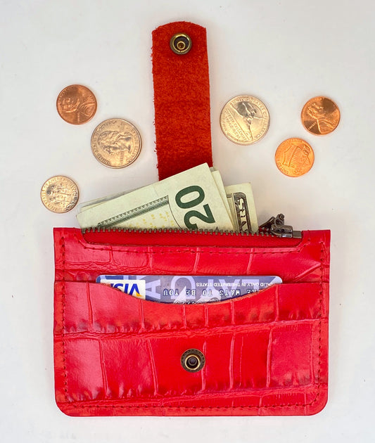 Red Croc Embossed Leather Minimalist Snap Wallet