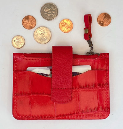 Red Croc Embossed Leather Minimalist Snap Wallet