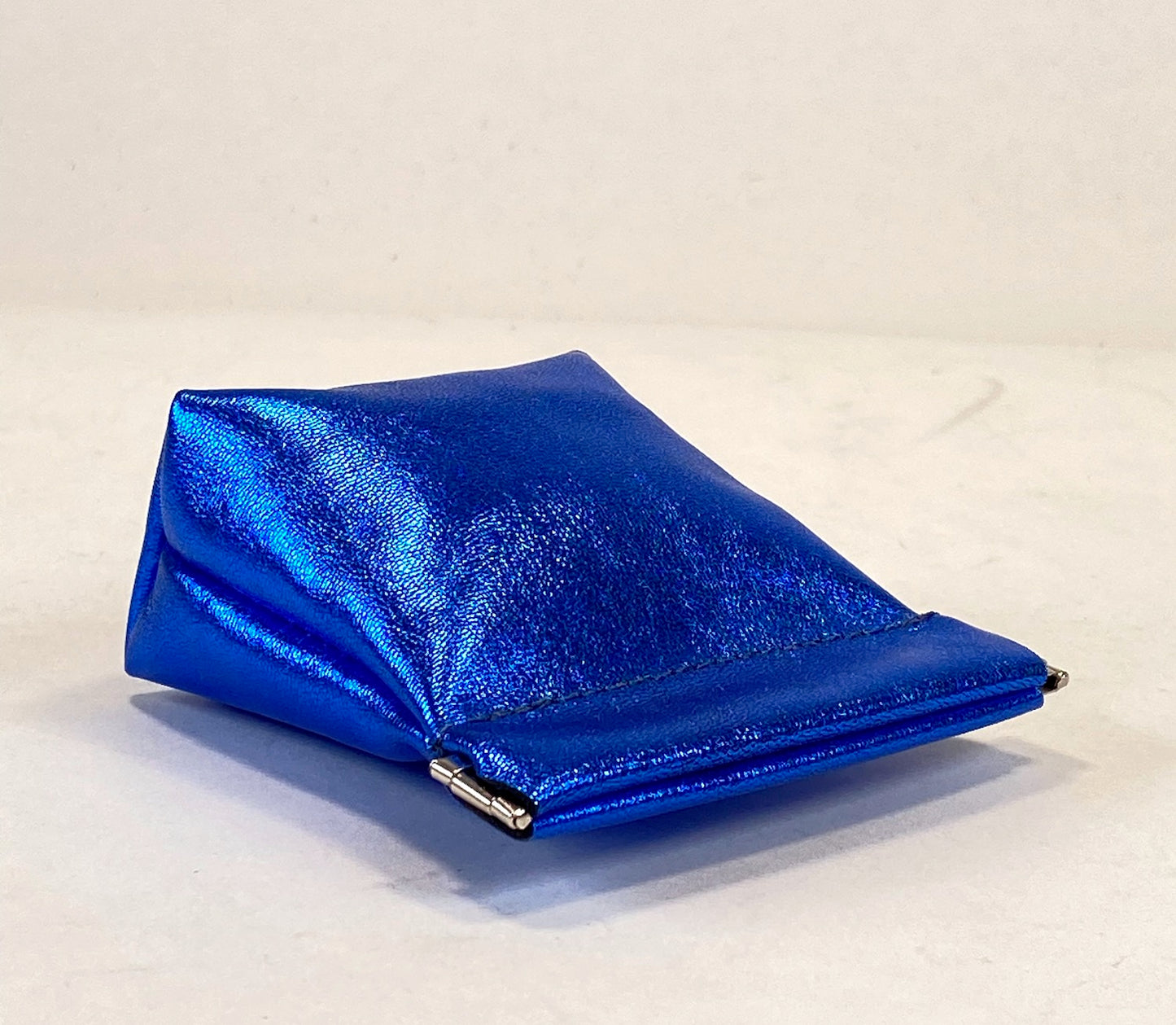 Leather Squeeze Pouch Metallic Blue
