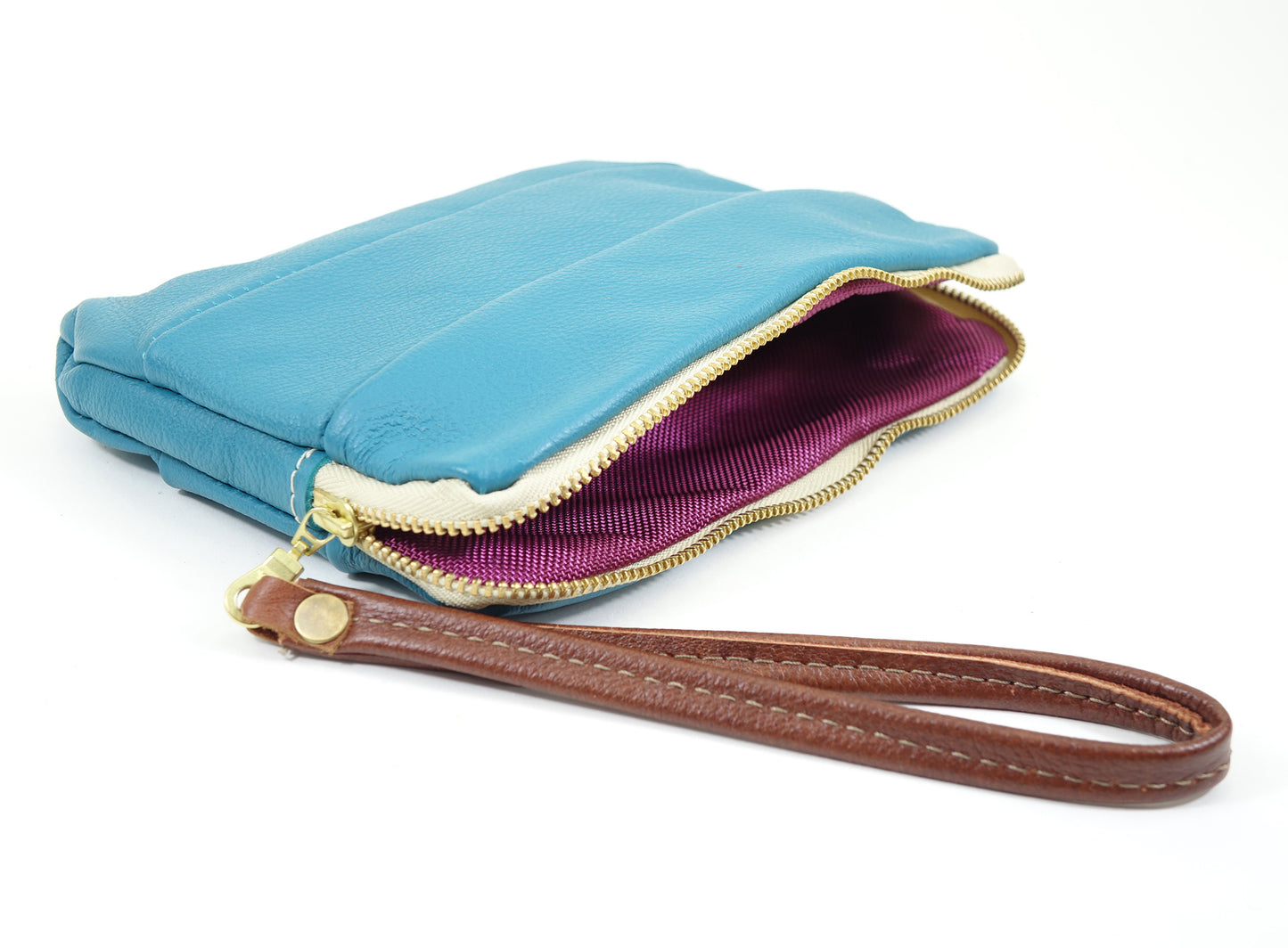 Leather Zip Pouch - Teal Blue