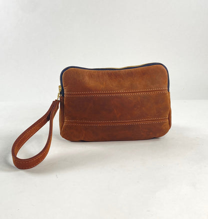 Leather Zip Pouch - in Suede Medium Brown
