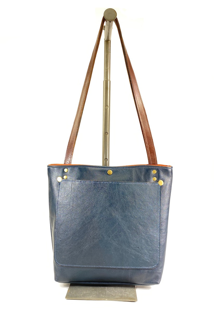 Leather Tote Bag in Navy Blue
