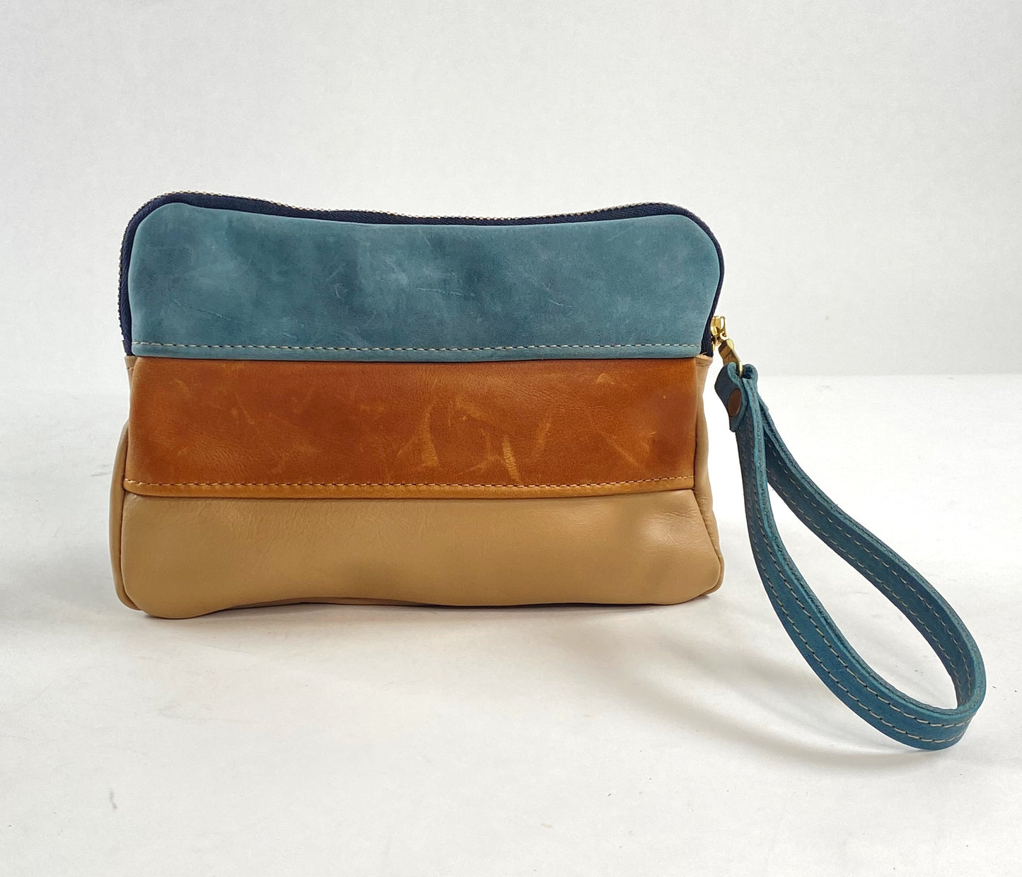 Leather Zip Pouch - Blue & Tan Stripe