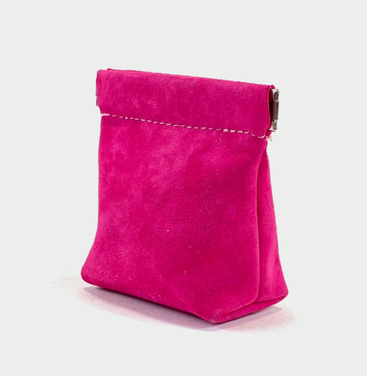 Suede Leather Squeeze Pouch in Hot Pink