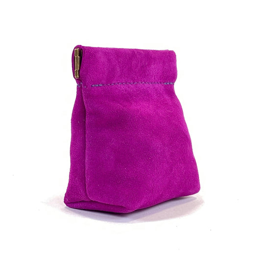 Suede Leather Squeeze Pouch in Magenta